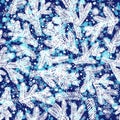 Winter Christmas New ÃÂ£ear seamless pattern with white snow-covered branches and snowflakes on blue background Royalty Free Stock Photo